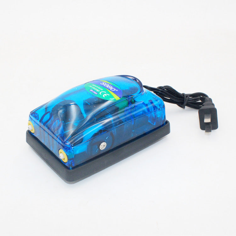 Blue electronic device with a black cord on a white background