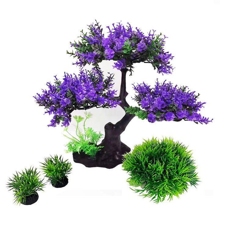 Decorative aquarium plant set with a purple flowering tree and green bushes on a white background