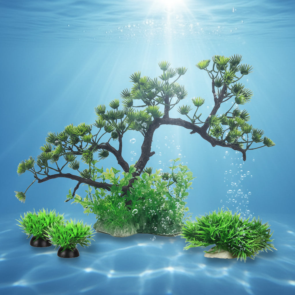 Set of artificial green plants and trees on a white background