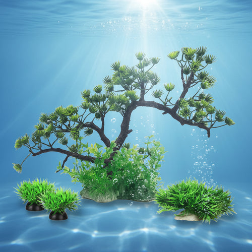 Set of artificial green plants and trees on a white background