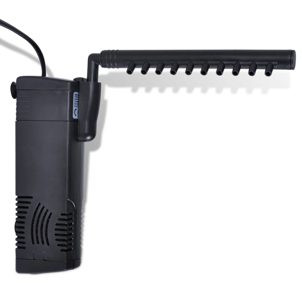 Black aquarium filter with a long hose on a white background