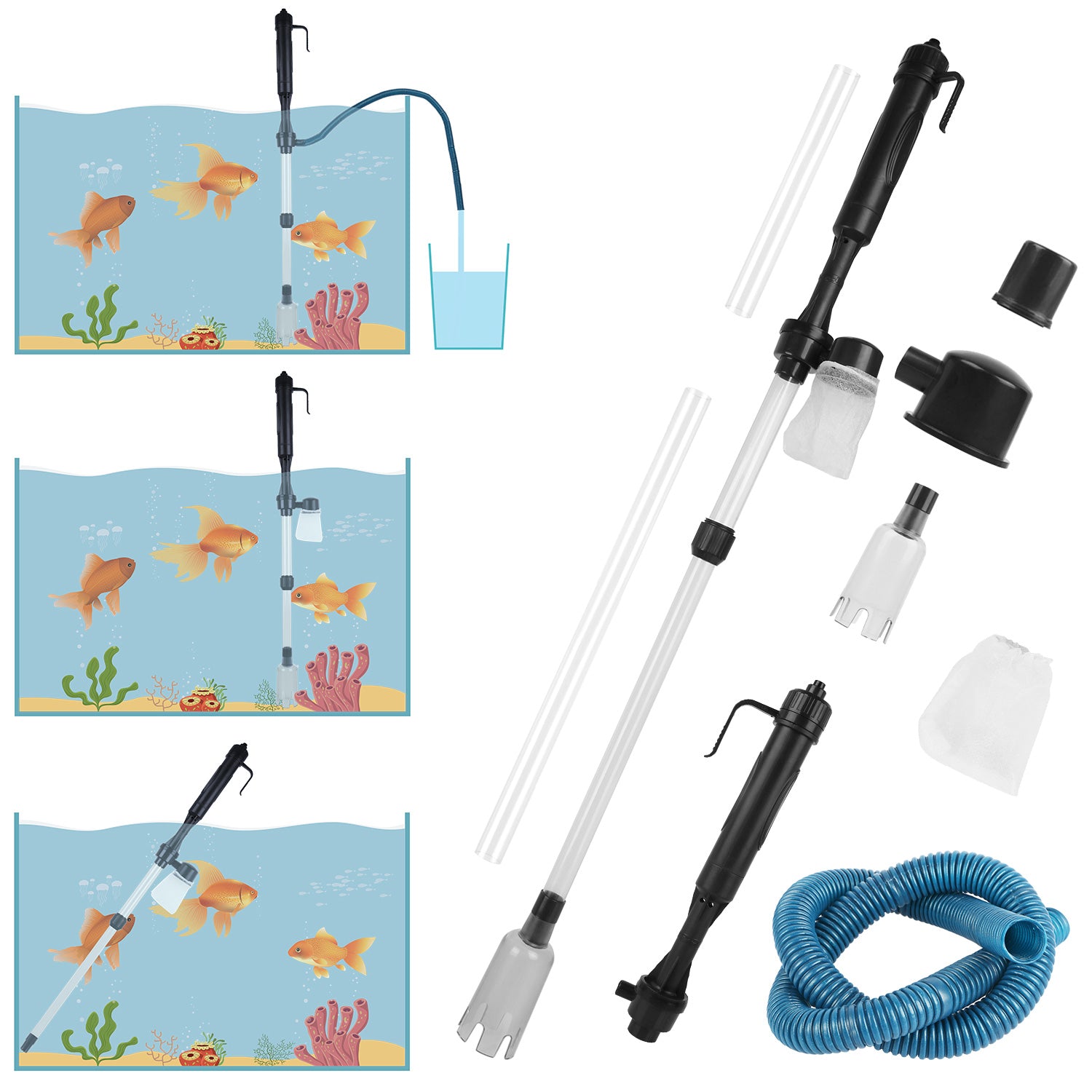 Aquarium cleaning vacuum tool for removing fish waste and dirt