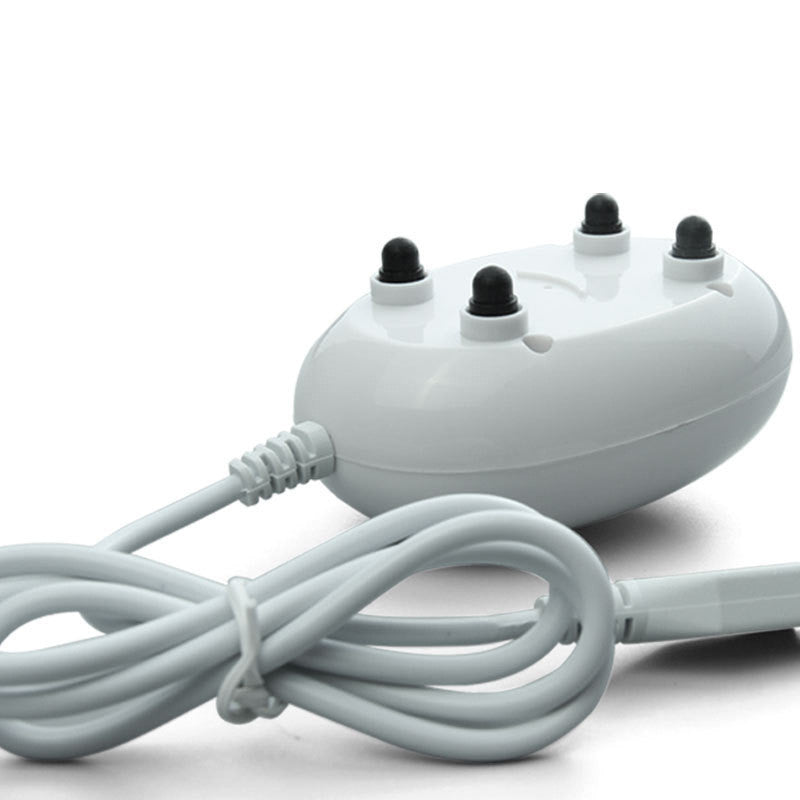 White electronic device with black knobs and a coiled cable on a white background
