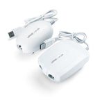 Two white electronic devices with USB cables on a white background