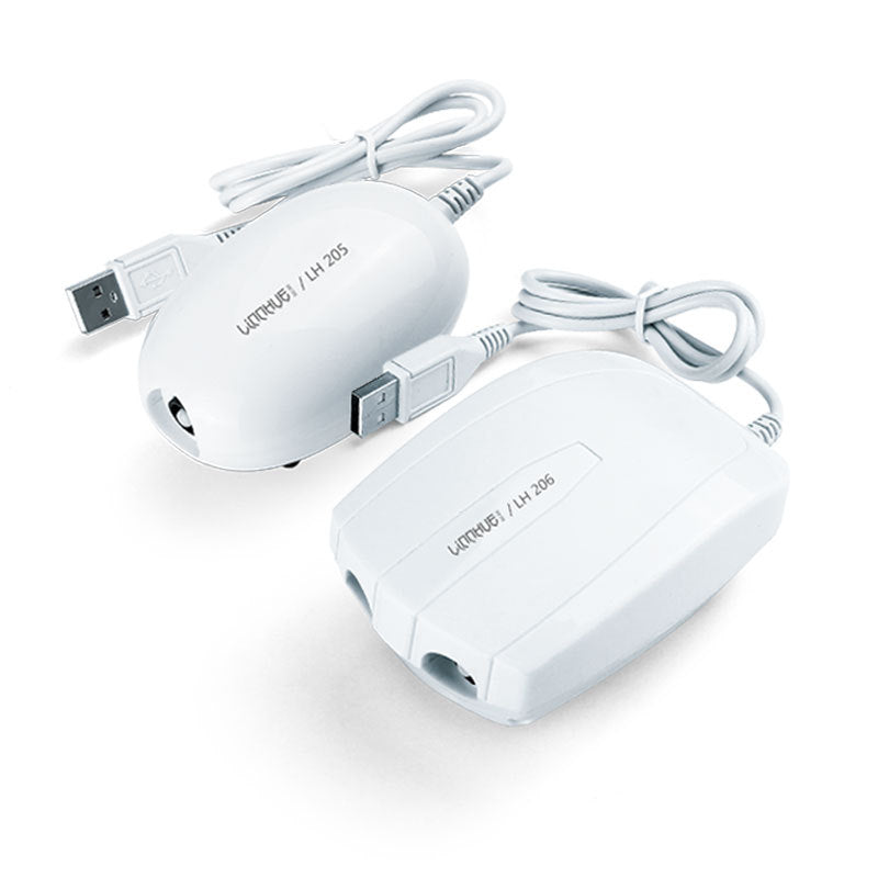 Two white electronic devices with USB cables on a white background