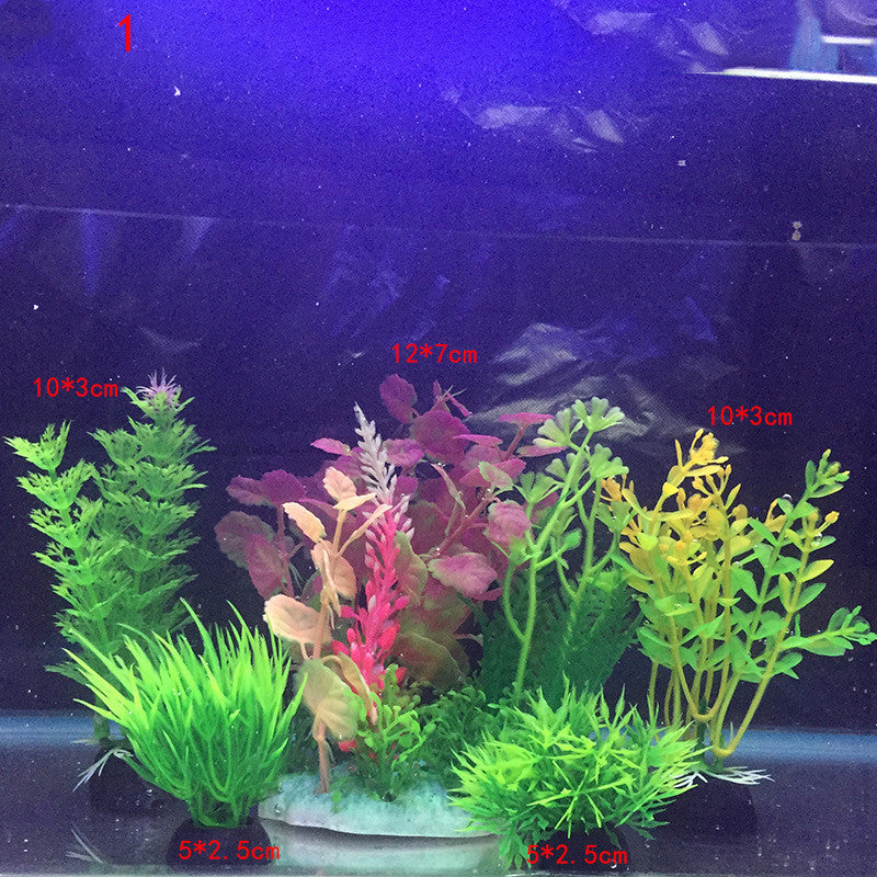 Artificial aquarium plants with dimensions labeled on a dark background