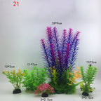 Assorted artificial aquarium plants with dimensions labeled on a white background