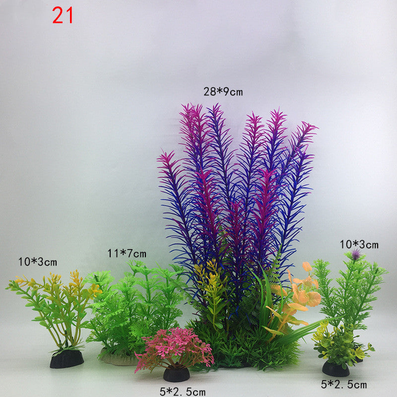 Assorted artificial aquarium plants with dimensions labeled on a white background