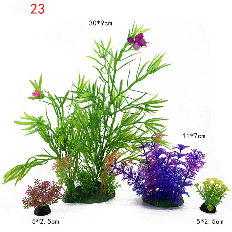 Assorted artificial aquarium plants with sizes indicated on a white background