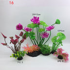 Set of artificial plants with pink and green flowers on a white background