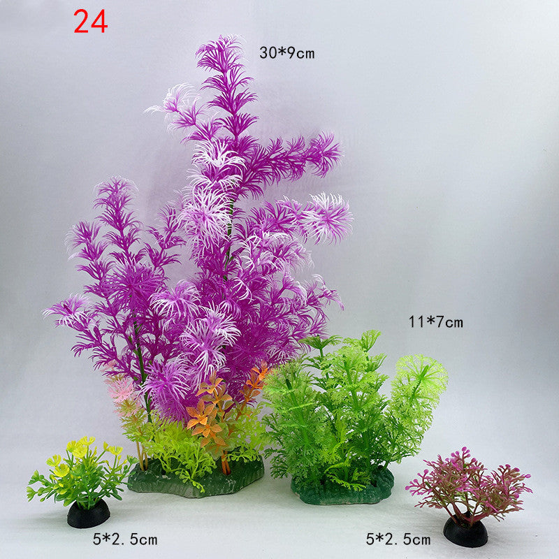 Assorted artificial aquarium plants with measurements on a white background