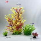 Set of artificial aquarium plants with dimensions labeled on a gray background