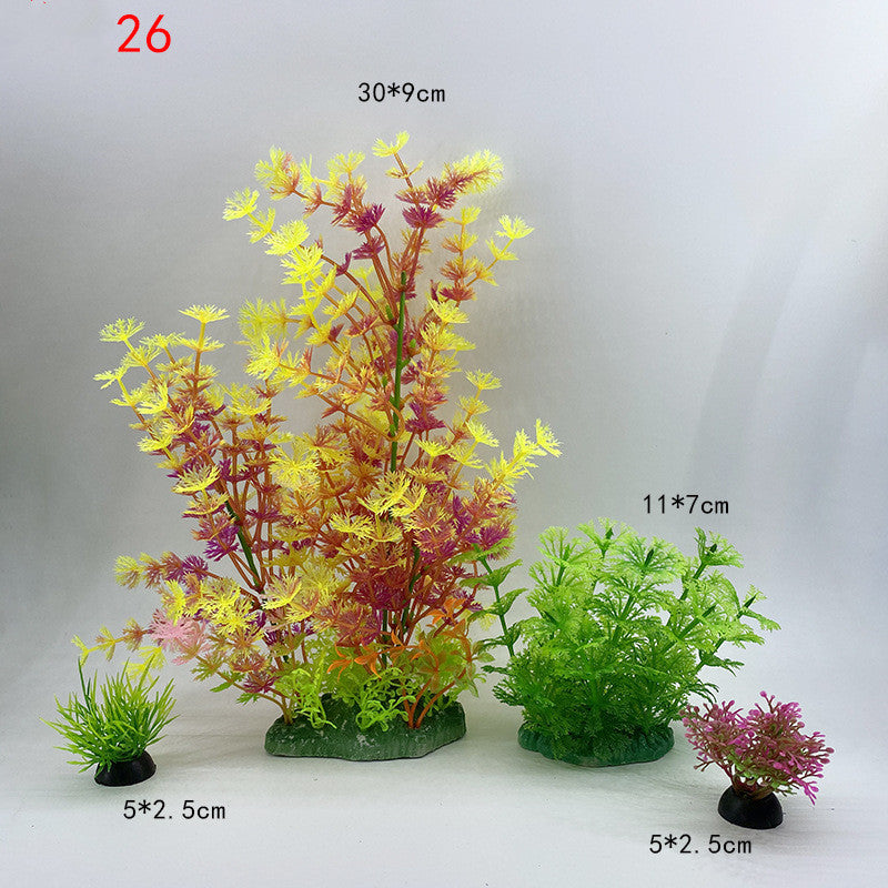 Set of artificial aquarium plants with dimensions labeled on a gray background