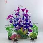 Artificial aquarium plants with measurements on a white background