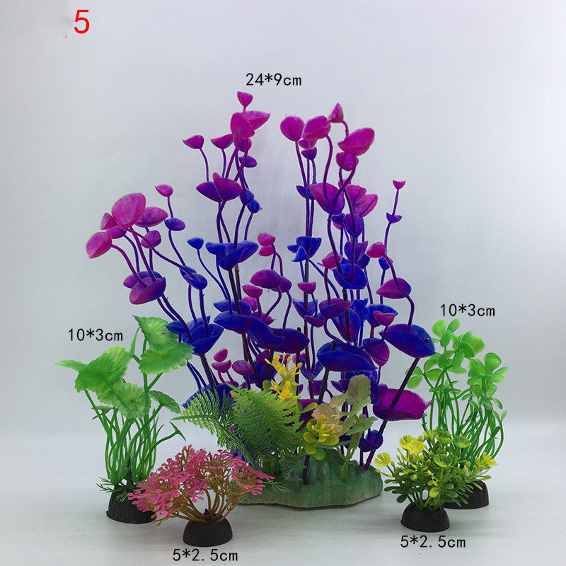 Artificial aquarium plants with measurements on a white background