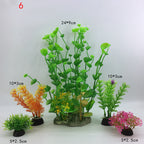 Set of artificial aquarium plants with dimensions labeled on a white background