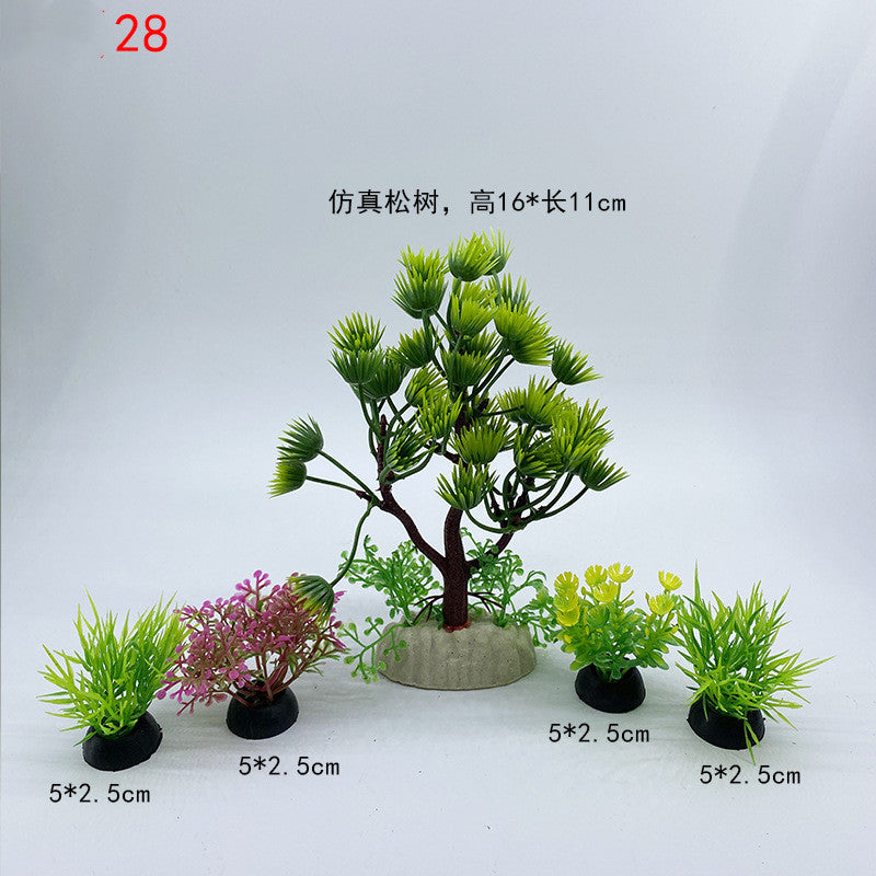 Set of small artificial plants with measurements on a white background