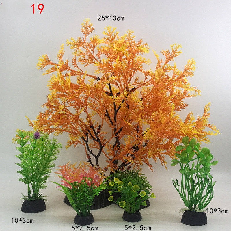 Set of artificial aquarium plants with sizes indicated on a white background