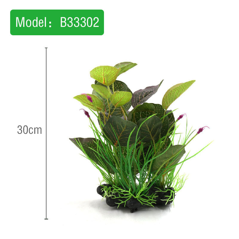 Artificial aquarium plant with dimensions on a white background, model B33302.