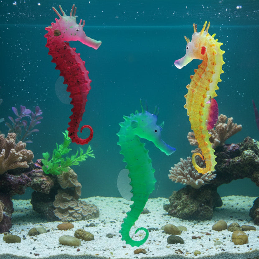 Luminous seahorse aquarium decoration glowing in fish tank