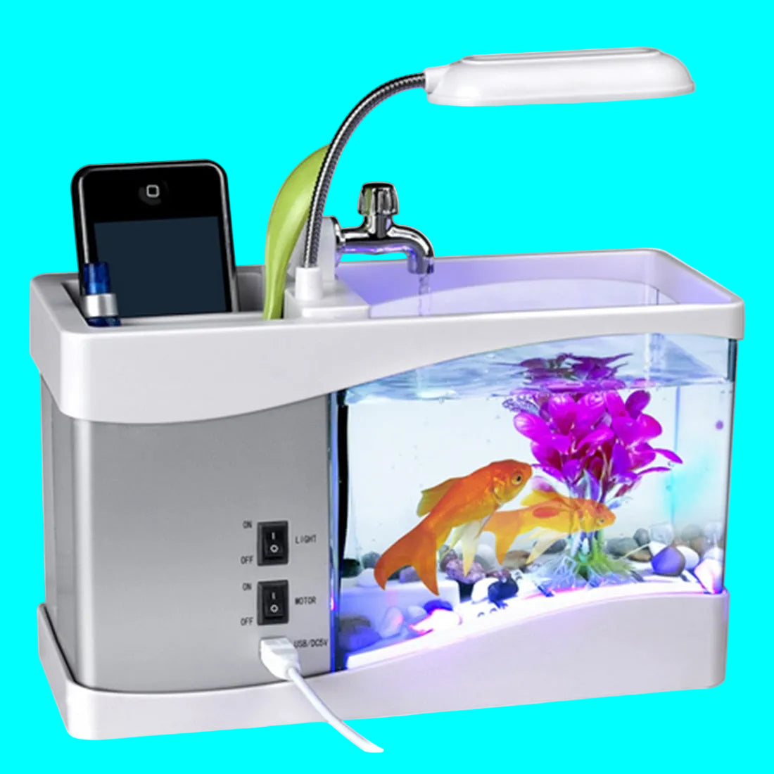Mini aquarium alarm clock with USB LED light