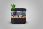 Fish tank with black lid on a blue background, featuring a configuration list.