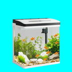 Fish tank with plants and fish on a wooden table in a bright room.