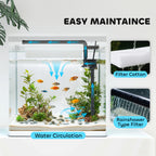 Fish tank with water circulation and filter system labeled 'Easy Maintenance' on a white background.