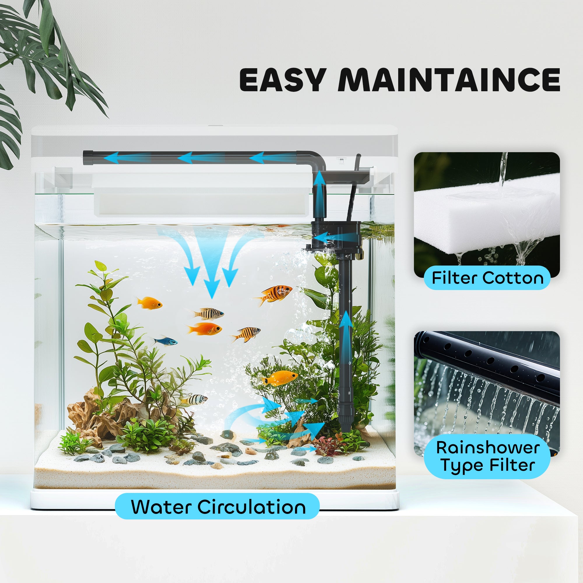 Fish tank with water circulation and filter system labeled 'Easy Maintenance' on a white background.