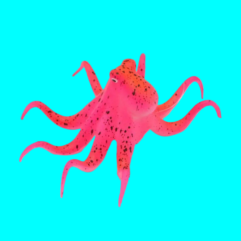 Pink octopus toy with black spots on a white background