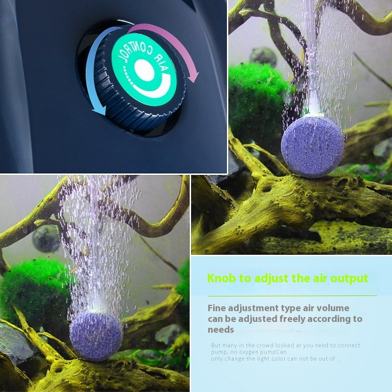 Aquarium air pump with adjustable knob and water flowing through an aquarium setup.
