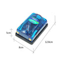 Blue electronic device with dimensions labeled on a white background
