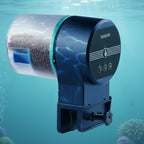 Black and blue aquarium feeder with 'SUNSUN' branding on a white background