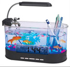 Desk organizer with aquarium, fish, and stationery items on a white background